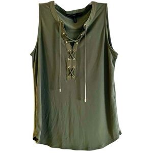 White House Black Market Sleeveless Top, Sz. S, Olive Green, Lace-Up Neckline